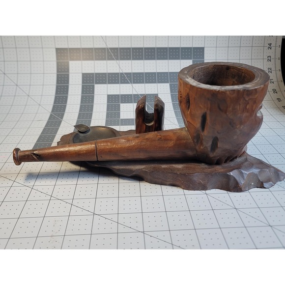 Vintage Carved Wooden Pipe Smokers Companion Stand Rack Ashtray Matchbook Hldr - Picture 3 of 8
